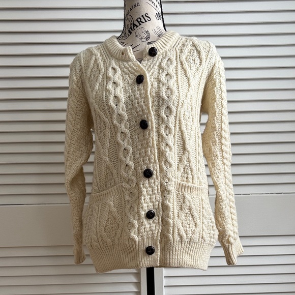 Sweaters - Aran Cardigan Cable Knit Sweater Pockets L